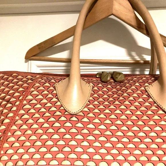 Pour La Victoire Leather basketweaved Authentic Extra Large Tote  Tan/Orange - Picture 5 of 16